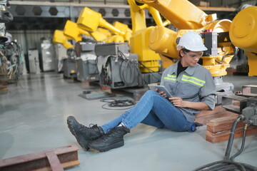 Female industrial engineer working at automated AI robotic production factory.