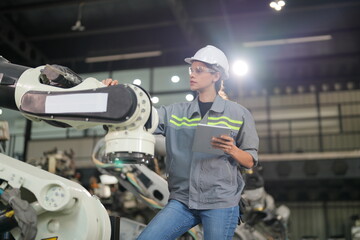 Female industrial engineer working at automated AI robotic production factory.