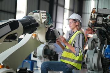 Female industrial engineer working at automated AI robotic production factory.