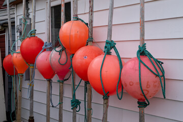 A row of orange colored rubber fishing net markers tied to long wooden sticks with green rope. The...