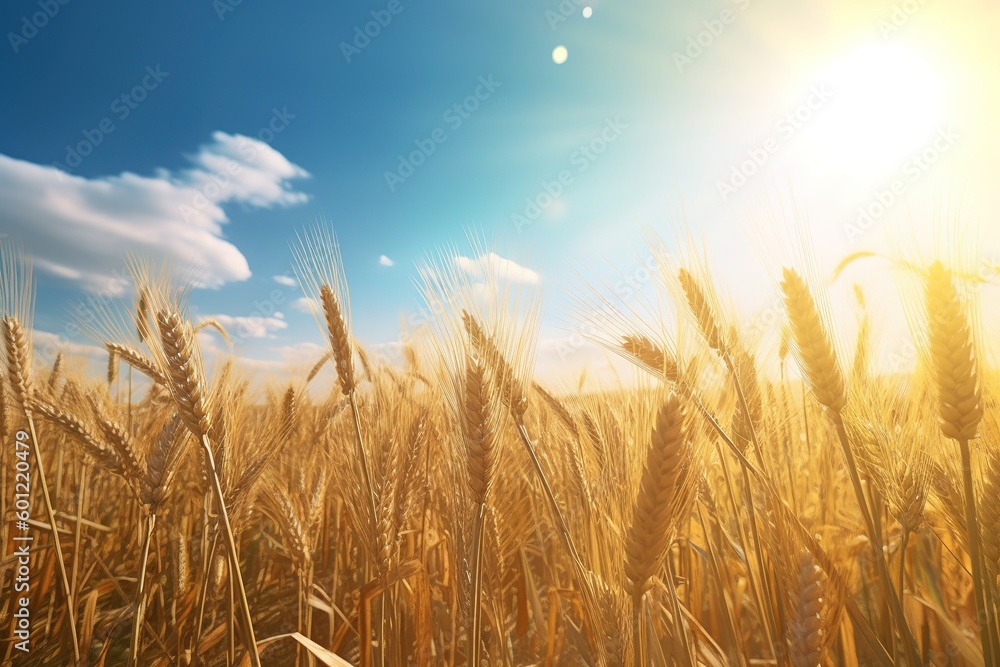 Poster a wheat field with a clear blue sky in the backdrop. generative ai