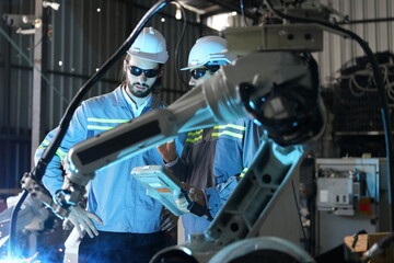 Robotics engineer working on maintenance of robotic arm in factory warehouse. Business technology.