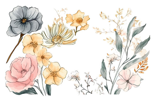 Floral set of hand drawn flowers. Botanical line art wallpaper with flowers, branches eaves. Pastel watercolor floral design for banner, prints, wall art and home decor, wedding invitation