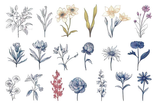 Floral set of hand drawn flowers. Botanical line art wallpaper with flowers, branches eaves. Pastel watercolor floral design for banner, prints, wall art and home decor, wedding invitation