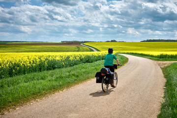 Aventures en famille avec les voyageurs à vélo à travers les champs de colza jaune en France