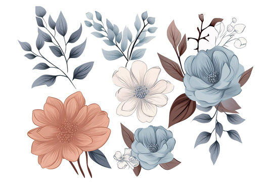 Floral set of hand drawn flowers. Botanical line art wallpaper with flowers, branches eaves. Pastel watercolor floral design for banner, prints, wall art and home decor, wedding invitation