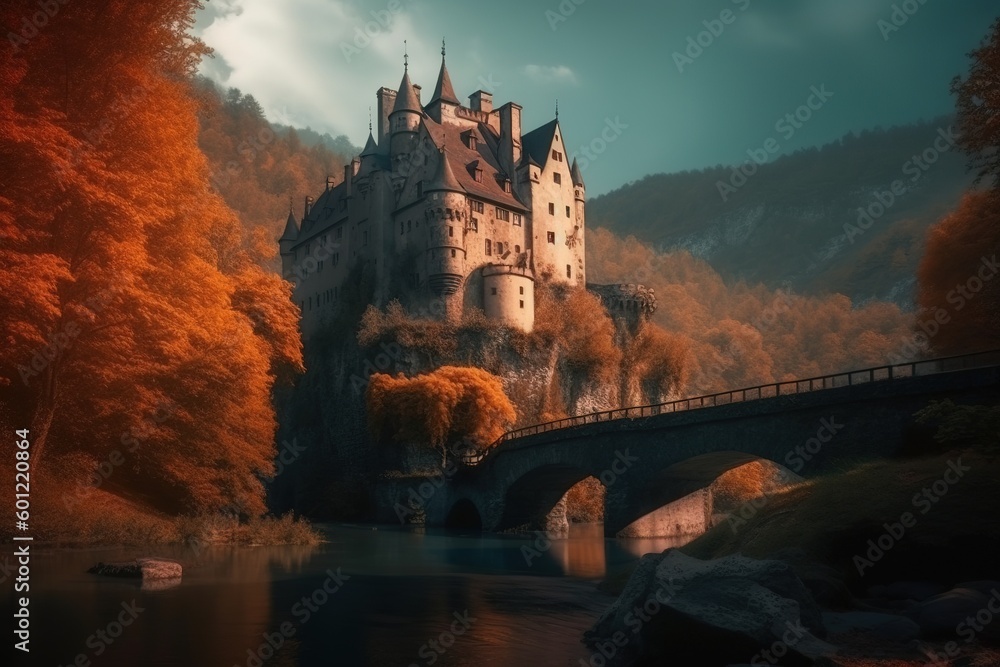 Poster a fortress that is connected to a river via a drawbridge. generative ai