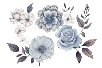 Floral set of hand drawn flowers. Botanical line art wallpaper with flowers, branches eaves. Pastel watercolor floral design for banner, prints, wall art and home decor, wedding invitation