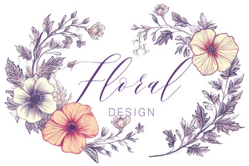 Floral set of hand drawn flowers. Botanical line art wallpaper with flowers, branches eaves. Pastel watercolor floral design for banner, prints, wall art and home decor, wedding invitation