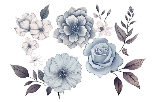 Floral set of hand drawn flowers. Botanical line art wallpaper with flowers, branches eaves. Pastel watercolor floral design for banner, prints, wall art and home decor, wedding invitation