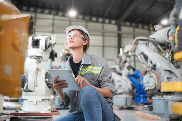 Robotic Arm engineer check on equipment in its. industrial engineer working at automated AI robotic production factory.