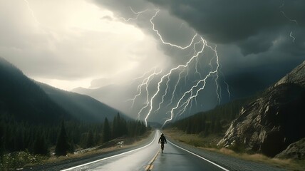 A Person on a Bicycle Riding Through the Countryside During a Lightning Storm Generative AI