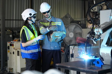 Fototapeta premium Robotics engineer working on maintenance of robotic arm in factory warehouse. Business technology.