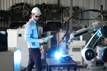 Robotics engineer working on maintenance of robotic arm in factory warehouse. Business technology.