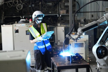 Robotics engineer working on maintenance of robotic arm in factory warehouse. Business technology.