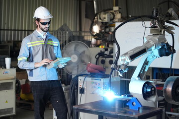 Robotics engineer working on maintenance of robotic arm in factory warehouse. Business technology.