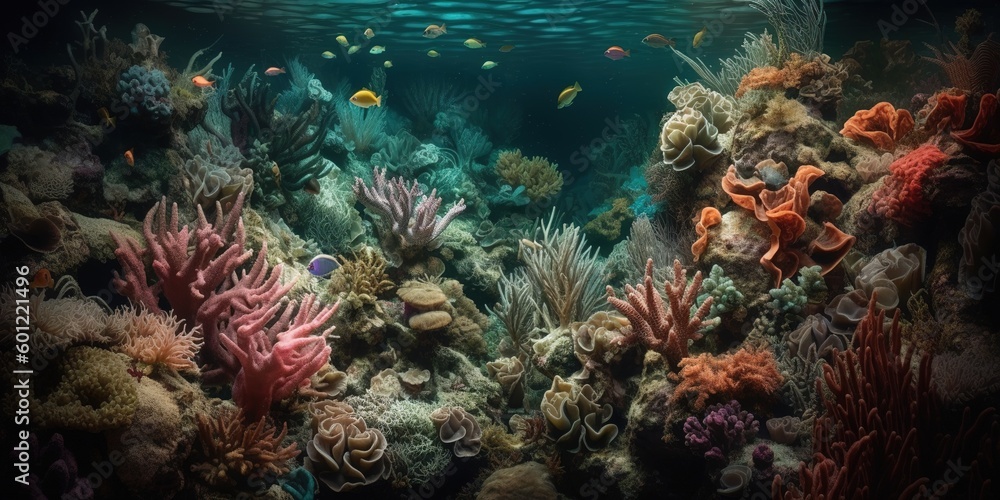 Wall mural an image taken from below showing a vibrant coral reef. generative ai