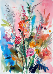 Fototapeta na wymiar illustration of a Bunch of flowers bouquet - artistic. Spatter and drips of paint in vibrant watercolour and gouache. Generated AI.