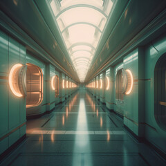 A long green futuristic hallway with a skylight in the background Generative Ai