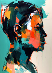 Abstract illustrated portrait of a man's profile. Spatter and drips of paint in vibrant oil paint and gouache on paper. Generated AI. Thick paint on canvas and paper.