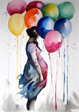 Stunning illustrated portrait of a pregnant woman with balloons. Spatter and drips of paint in vibrant oil paint and gouache on paper. Generated AI.