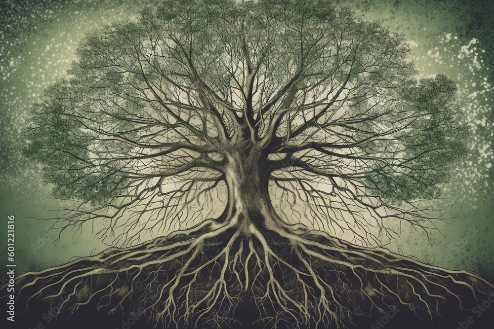 Poster a picture of a tree that is cut down to show its roots. generative ai