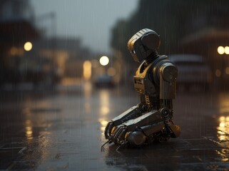 Thinking Robot in the Rain - Photorealistic Detail in Modern Urban Setting during Golden Hour - Generative AI