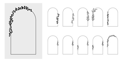 Zestaw zaokrąglonych ramek dekoracyjnych w minimalistycznym stylu z delikatnymi listkami. Proste botaniczne dekoracje do wykorzystania w projektach.