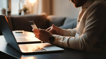 Obraz na płótnie Canvas A man holding a credit card as he uses a laptop and phone