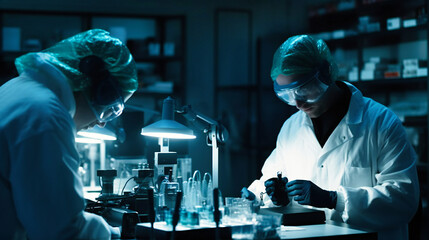 Scientists examining a sample at a laboratory
