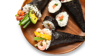 Wooden plate with delicious sushi cones and rolls on white background, closeup