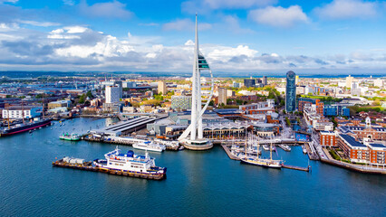 Aerial view of the sail-shaped Spinnaker Tower in Portsmouth Harbor in the south of England on the...