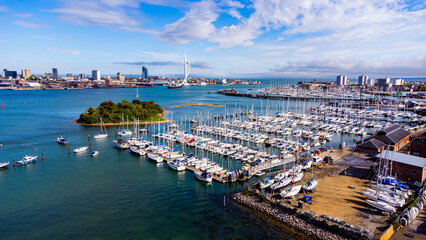 Aerial view of the Marina of Gosport behind Burrow Island in Portsmouth Harbor in the south of...