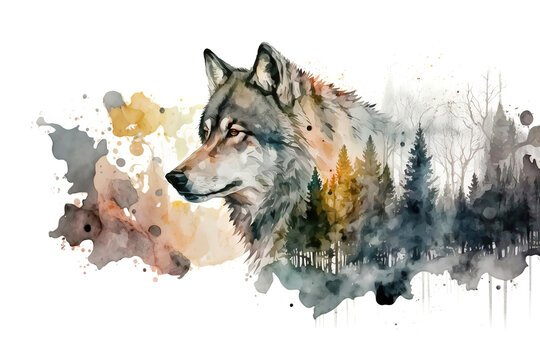 Beautiful wolf in the forest, watercolor illustration generative AI