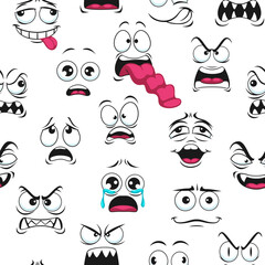 Unhappy, sad and angry faces seamless pattern. Fabric or wrapping paper funny background, textile print or vector backdrop with cartoon scared, angry creaming, crying and fullish face expressions