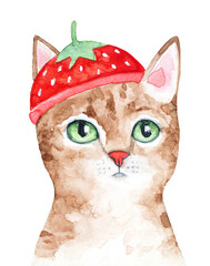 Watercolour illustration of cute little kitten wearing red funny strawberry hat. Sign of summer time. Hand painted water color sketch on white background, cut out element for design decoration.