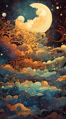 Clouds, sun, stars, and moon in a dark night background wallpaper