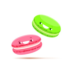 Cartoon green and pink macaron characters. French macaroon cake vector personages with cute smiling faces. Funny sweet food and pastry dessert emojis of strawberry and pistachio flavored cookies