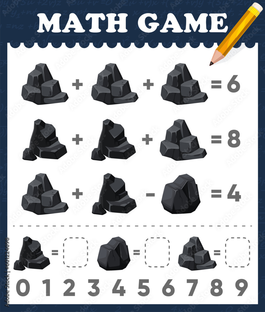 Aufkleber cartoon coal and black charcoal in math game worksheet, vector mathematics quiz. black coal stones a