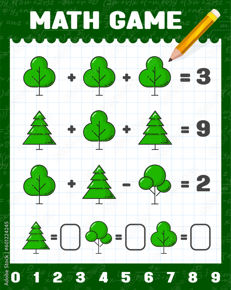 Poster green forest trees math game worksheet. vector mathematics riddle with funny trees on checkered note