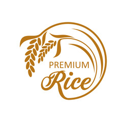 Obraz premium Rice farm icon. Natural cereal products organic farm, cereal farmer market or quality rice shop or store vector sign. Healthy food agriculture company icon or symbol with rice ear, grains and leaves