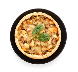 Mushroom pie with spinach leaves and plate on white background
