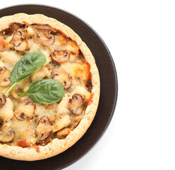 Mushroom pie with spinach leaves and plate on white background