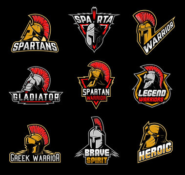 Warrior mascot icons of Spartan and Gladiator soldiers, warrior knight vector emblems. Helmet red plumage of Roman or Greek guardian, Trojan Spartacus, Spartan Centurion and Gladiator warrior badges