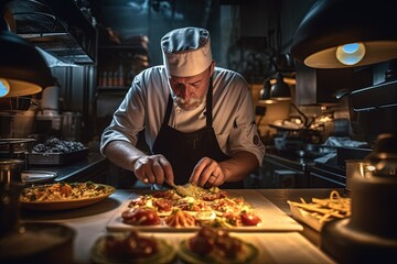 A chef in a restaurant kitchen, creating a culinary masterpiece with skill and expertise