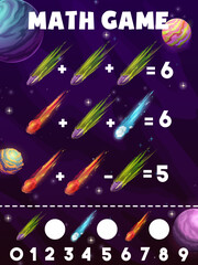 Math game worksheet, cartoon space comets, asteroids and meteors, vector kids quiz. Galaxy planets and fantasy galactic asteroids, mathematics game worksheet for number count and calculation education