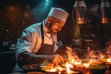 A skilled chef in a bustling restaurant kitchen, carefully plating a culinary masterpiece