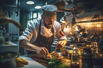 An experienced chef meticulously garnishing a dish, adding the final touches to create a culinary masterpiece
