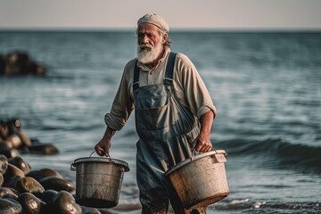 A fisherman carrying a large bucket filled with freshly caught fish