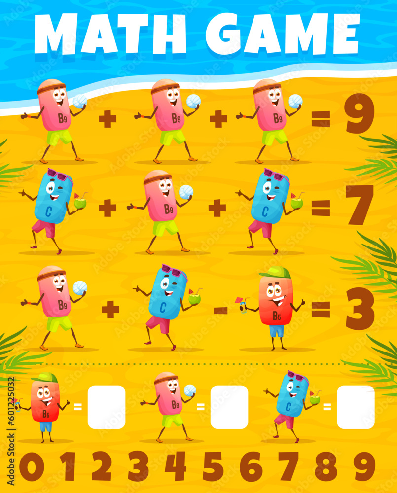 Poster cartoon vitamin characters on summer beach math game worksheet. vector mathematics task page with fu